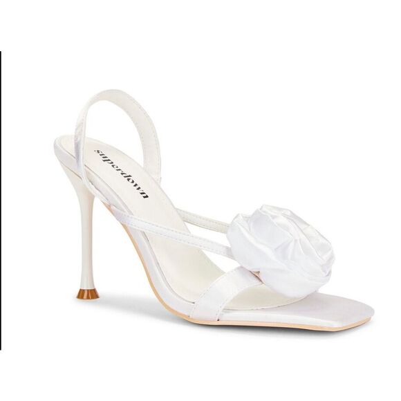 Revolve x Maggie Macdonald Superdown Minnie white satin rosette sandal heels 9 - Picture 1 of 11